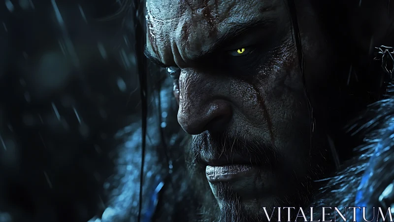 Battle-scarred warrior glares through rain with blazing eyes.