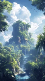 Lush tropical canyon with cascading waterfalls and misty cliffs