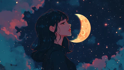 Moonlit dreamer gazes softly into a quiet starlit sky