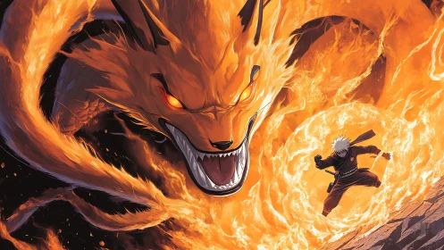 Fiery fox spirit towers over anime ninja in combat scene.