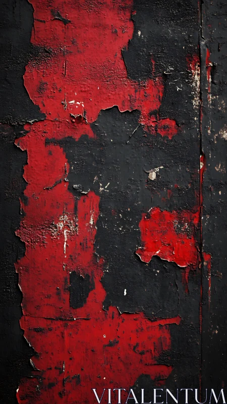 Peeling red paint exposes dark weathered metal surface
