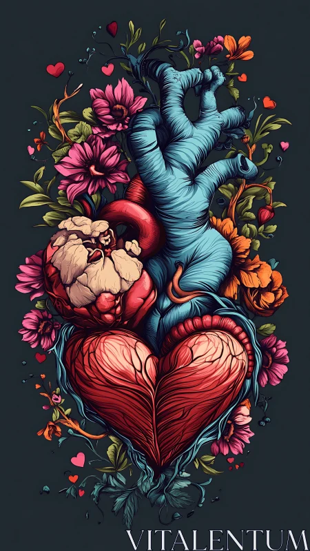 Anatomical Heart with Botanical Flourish in Surreal Composition.