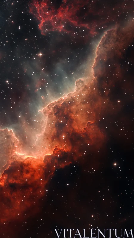 Emission nebula with red ionized gas and dense dust boundary.