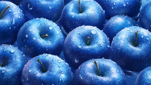 Cobalt blue apples with dewdrops in hyperreal close-up grid.