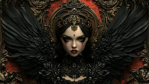 Gothic winged queen in ornate baroque frame of shadows.