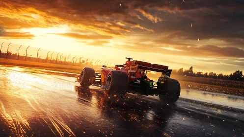 Sunlit race beast carves sparks across a rain-soaked track