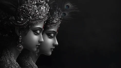 Twin mythic profiles rendered in high-contrast monochrome relief