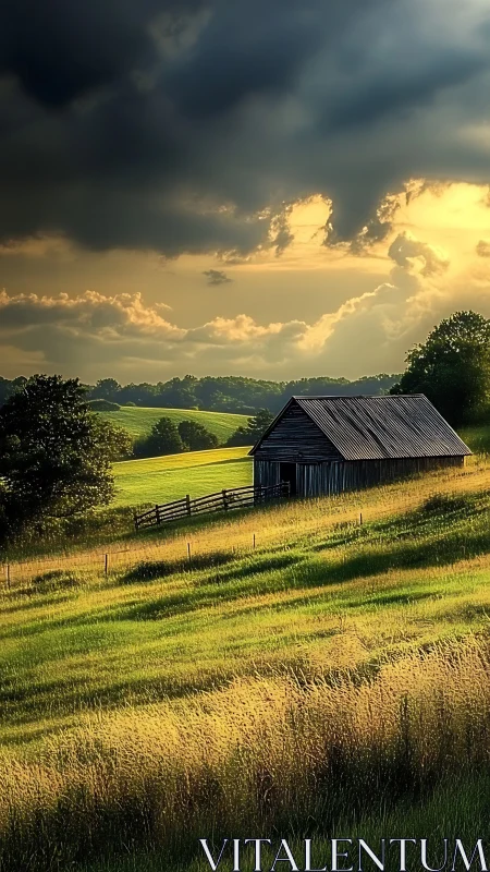 Old wooden barn under dramatic evening storm sky