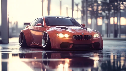 Widebody red BMW coupe rendered on wet city street at dusk
