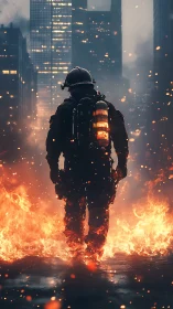 Tactical Firefighter amid Urban Inferno Amid Downtown Architecture