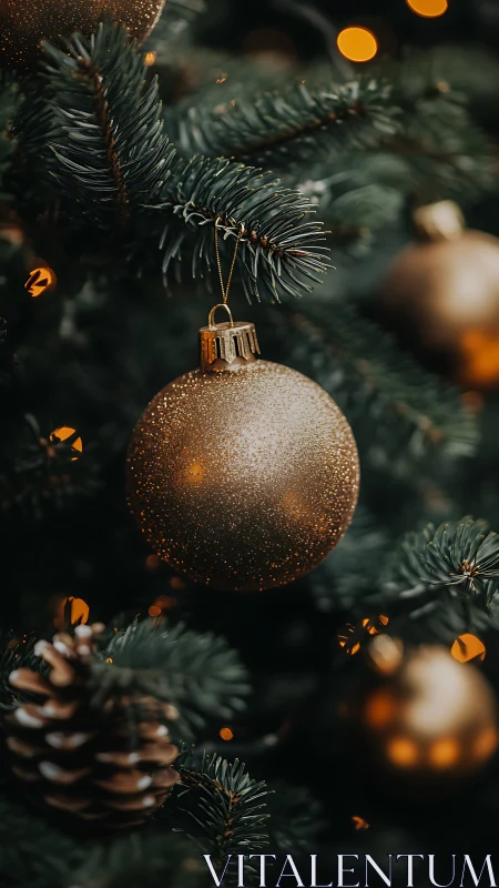 Gilded Christmas bauble glowing softly in evergreen hush.