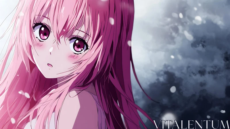 Soft pink haired girl gazing gently through falling snow.