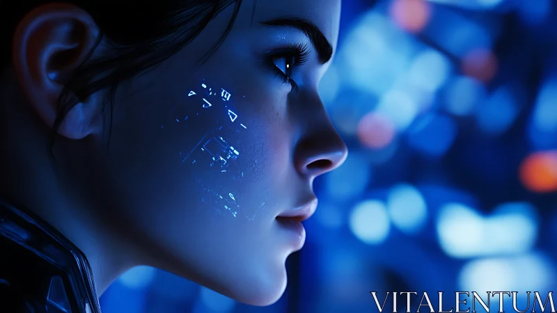 Neon-coded gaze of a cybernetic dreamer in midnight blue.