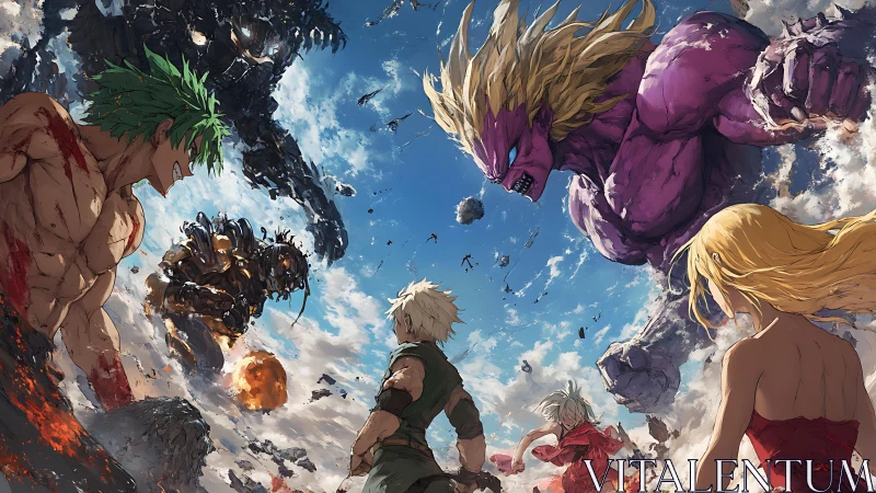 Epic anime clash of warriors versus colossal elemental titans