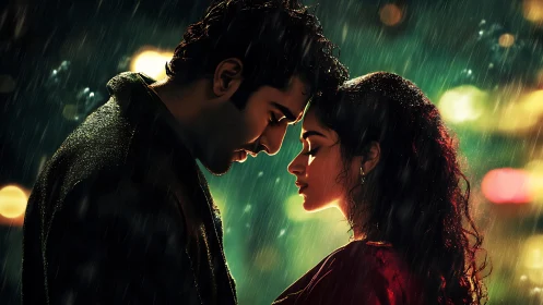 Two figures positioned face-to-face in rain with ambient lighting.