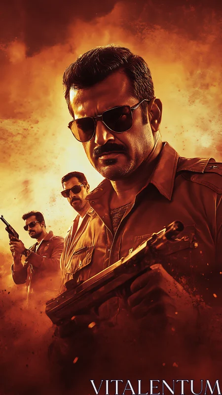 Three blazing officers stride through molten dusk with guns drawn