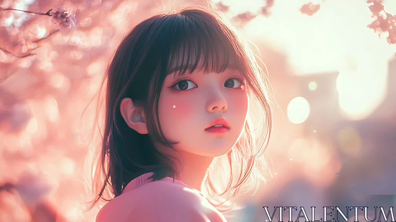 Anime girl in soft pink light under blurred blossoms.