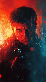 Male figure behind wet glass in red blue split lighting.