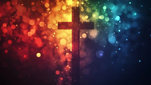 Luminous Cross Silhouette Framed by Prismatic Bokeh Glow.