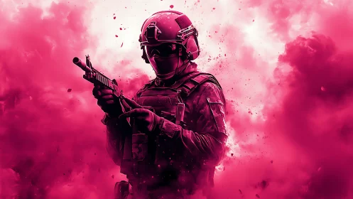 Armored soldier advances through neon smoke in tense silence