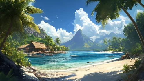 Tropical coastal landscape with volcanic peak and thatched structure.