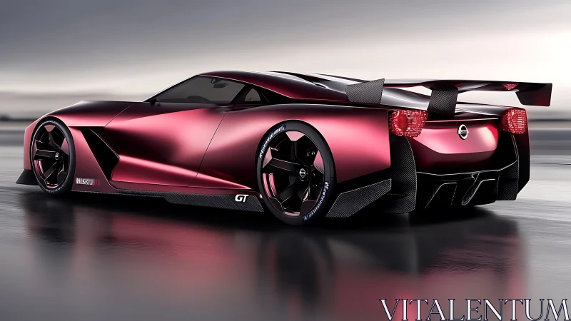 Gleaming crimson supercar gliding across a misty horizon.