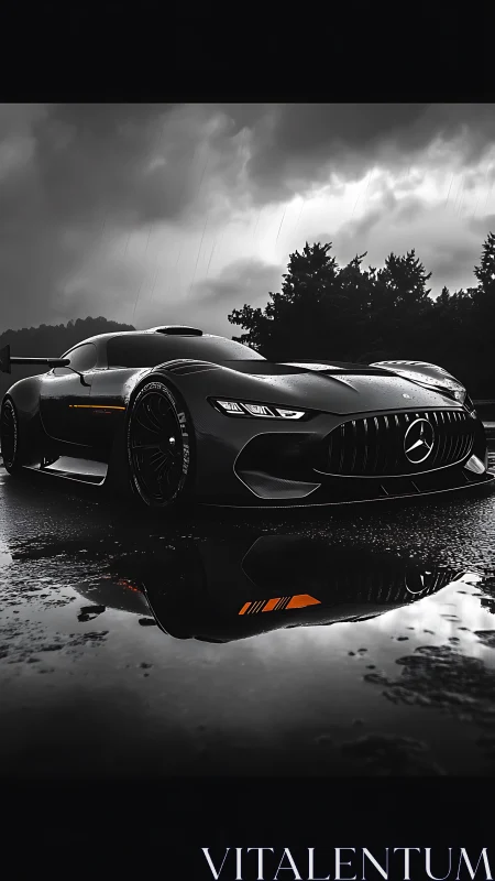 Low-angle view of Mercedes sports car on wet asphalt surface.