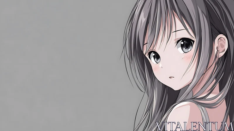 Soft gray daydream with a gentle anime girl’s shy gaze.