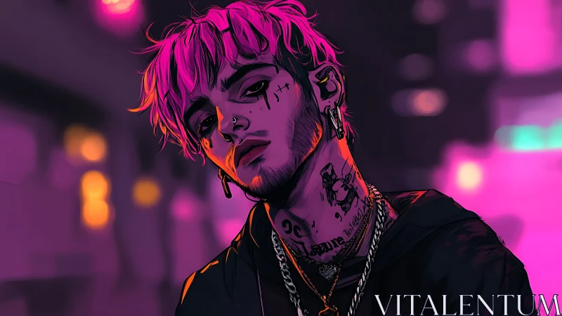 Neon punk portrait under moody cyberpunk city lights.