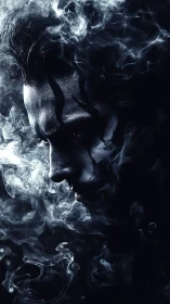 High-contrast male profile emerges from volumetric swirling smoke