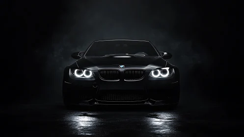 Black BMW sports car front view with bright LED headlights.
