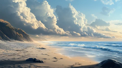 Coastal dunes under dramatic cumulus sky at sunrise seashore.
