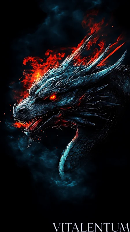 Firelit ice dragon gazing through swirling midnight smoke.