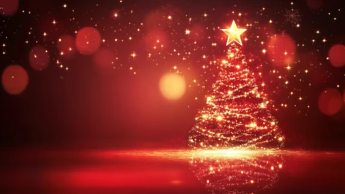 Glowing Christmas tree wrapped in golden holiday sparkles.