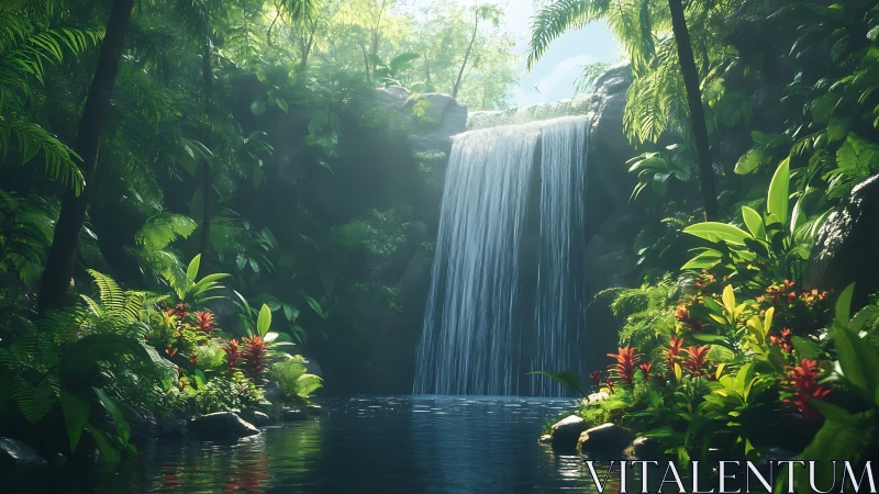 Sunlit rainforest waterfall rendered in high-detail 3D environment