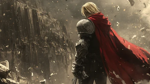 Armored warrior in red cloak facing crumbled dark citadel.
