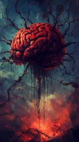 Apocalyptic sky-brain erupts above a burning, ruined world.