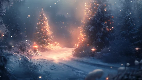 Digital painting of illuminated winter forest path at dusk.