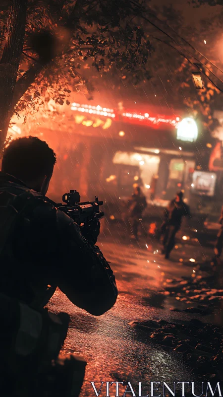 Armed operative stalks targets through neon soaked rainy street