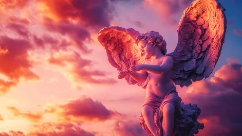 Angel statue with glowing wings against vivid sunset sky.
