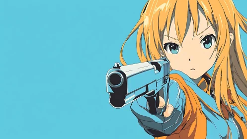 Determined anime girl aims silver pistol on cyan field.