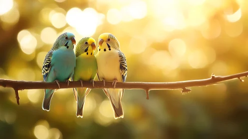 Three colorful budgerigars perched on branch in warm sunlight.
