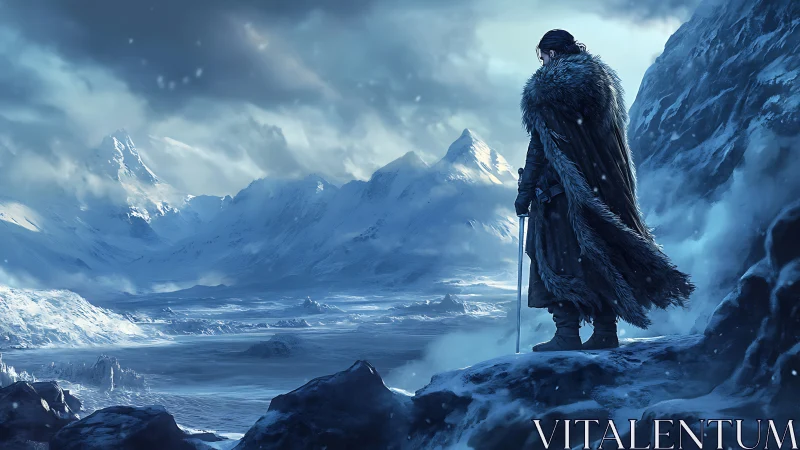 Lone fur‑clad warrior overlooking vast frozen valley.