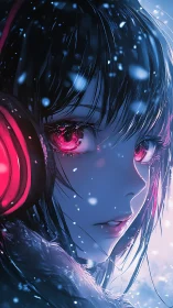 Snowlit anime girl with glowing pink eyes and headphones
