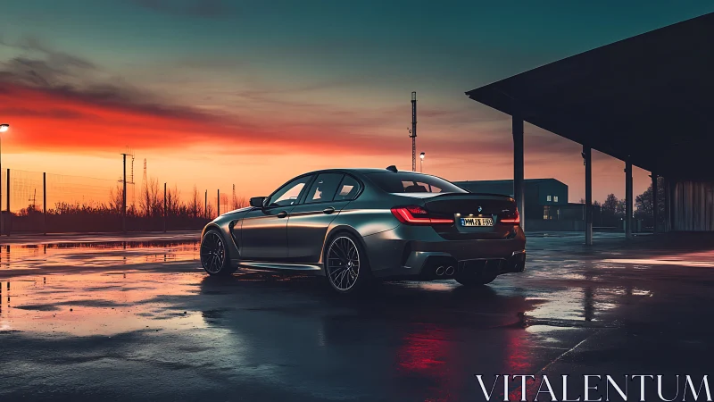 Matte grey performance sedan at wet lot under vivid sunset sky