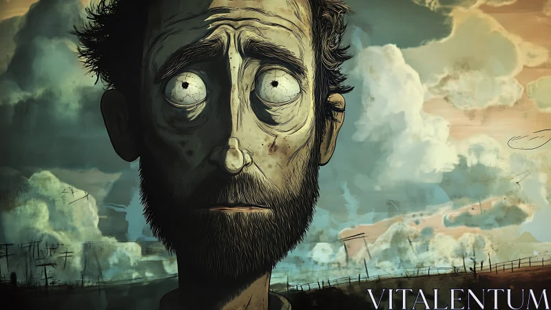 Worried bearded man in surreal cloudy rural landscape.