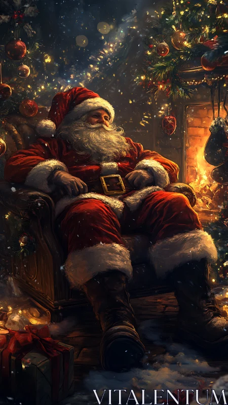 Santa figure seated by illuminated fireplace at night.