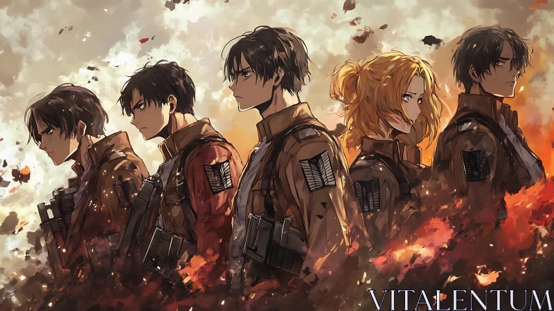 Battle-hardened anime squad stands amid swirling embers.