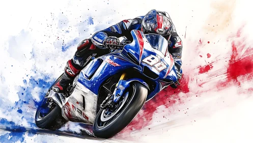 Superbike racer leans into apex with dynamic paint-splatter motion