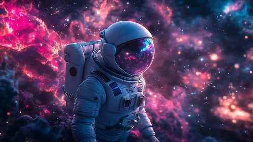 Astronaut floating in vivid pink and blue deep space nebula.